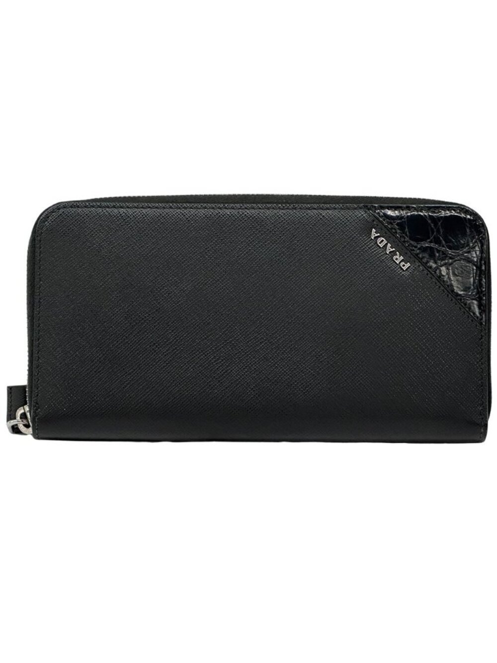 Prada Wallet Saffiano Black Zip Around Logo Simple